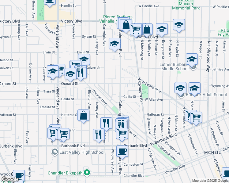 map of restaurants, bars, coffee shops, grocery stores, and more near 5941 Cahuenga Boulevard in Los Angeles