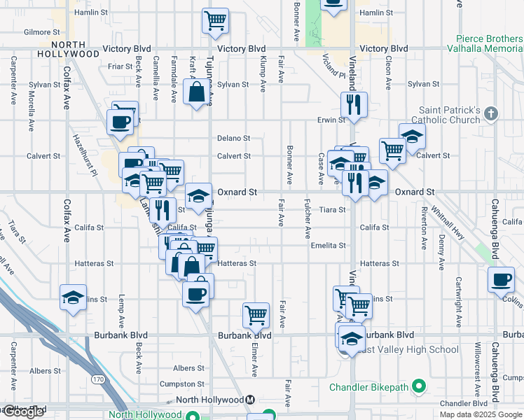 map of restaurants, bars, coffee shops, grocery stores, and more near 11222 Oxnard Street in Los Angeles