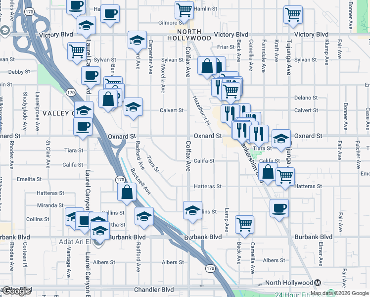 map of restaurants, bars, coffee shops, grocery stores, and more near 5948 Colfax Avenue in Los Angeles