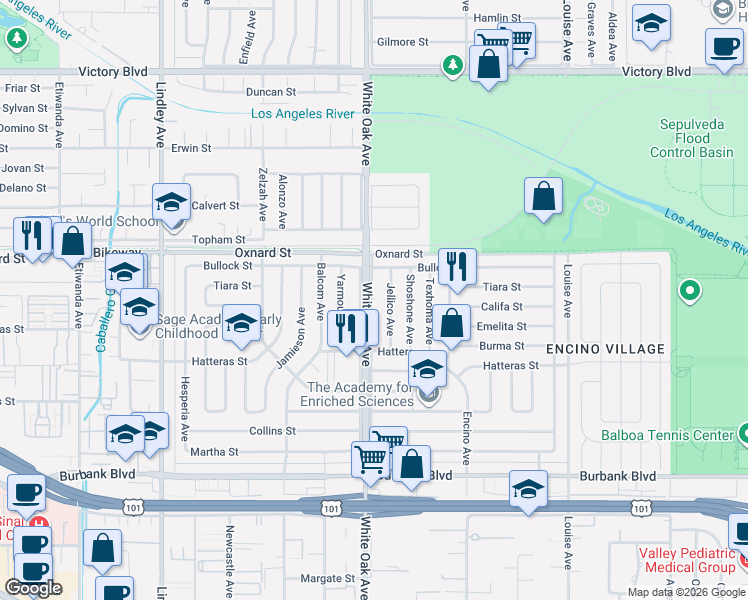 map of restaurants, bars, coffee shops, grocery stores, and more near 5952 White Oak Avenue in Los Angeles