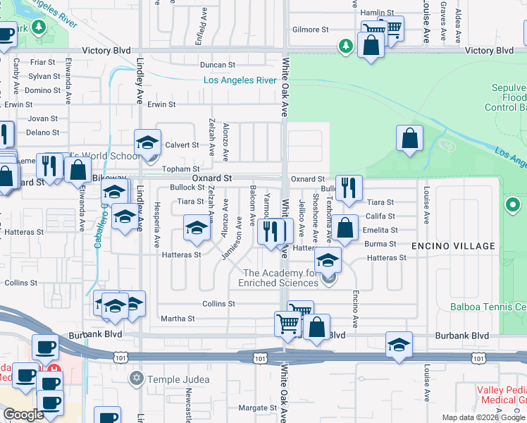map of restaurants, bars, coffee shops, grocery stores, and more near 5954 Yarmouth Avenue in Los Angeles