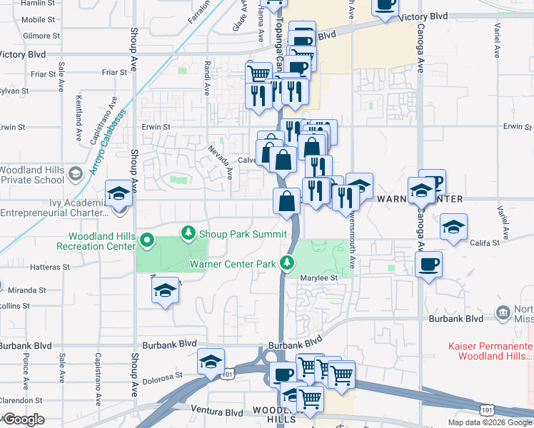 map of restaurants, bars, coffee shops, grocery stores, and more near 5924 Hanna Avenue in Los Angeles