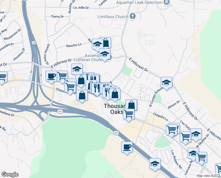 map of restaurants, bars, coffee shops, grocery stores, and more near 130 Erbes Road in Thousand Oaks