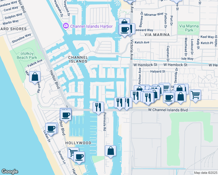 map of restaurants, bars, coffee shops, grocery stores, and more near 4031 Romany Drive in Oxnard