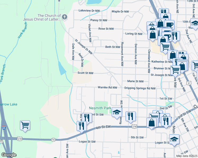 map of restaurants, bars, coffee shops, grocery stores, and more near 1526 Scott Street Northwest in Cullman