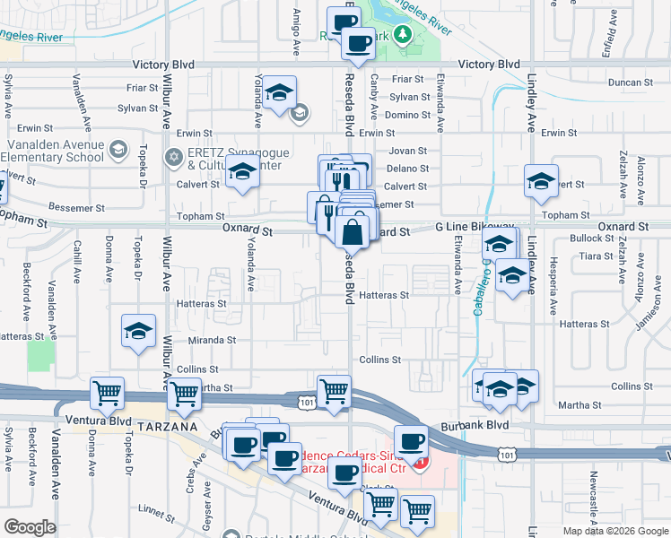 map of restaurants, bars, coffee shops, grocery stores, and more near 5931 Reseda Blvd in Tarzana