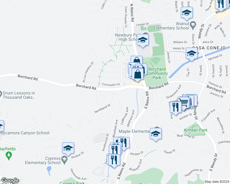 map of restaurants, bars, coffee shops, grocery stores, and more near 3795 San Felipe Avenue in Thousand Oaks