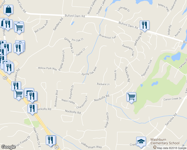 map of restaurants, bars, coffee shops, grocery stores, and more near 1265 Spring Oak Way in Cumming
