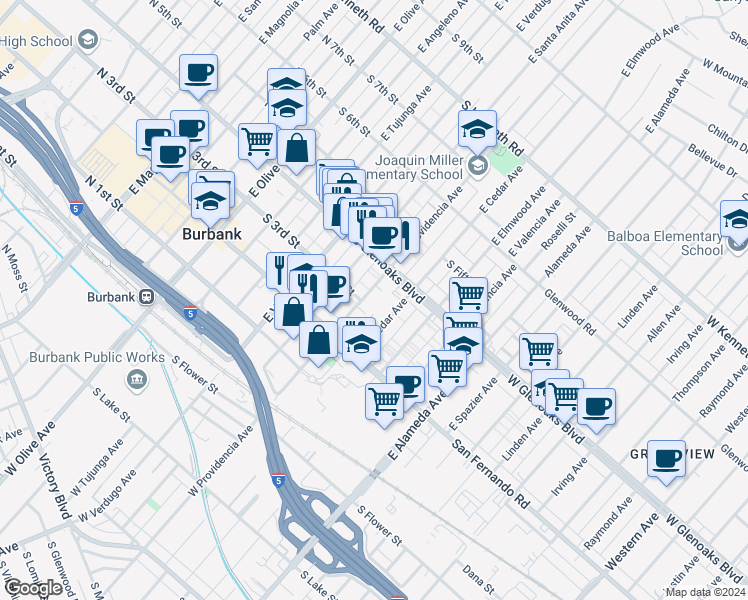 map of restaurants, bars, coffee shops, grocery stores, and more near 310 East Providencia Avenue in Burbank