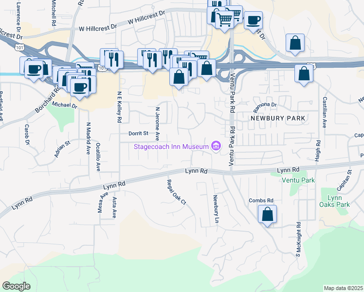 map of restaurants, bars, coffee shops, grocery stores, and more near 1617 Susan Drive in Thousand Oaks