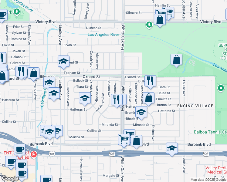 map of restaurants, bars, coffee shops, grocery stores, and more near 5935 Yarmouth Avenue in Los Angeles