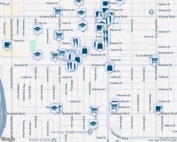 map of restaurants, bars, coffee shops, grocery stores, and more near 5931 Tobias Avenue in Los Angeles