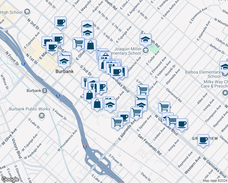 map of restaurants, bars, coffee shops, grocery stores, and more near 310 East Providencia Avenue in Burbank