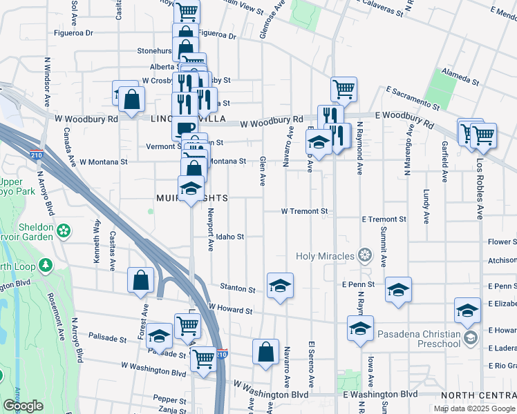 map of restaurants, bars, coffee shops, grocery stores, and more near 1905 Glen Avenue in Pasadena