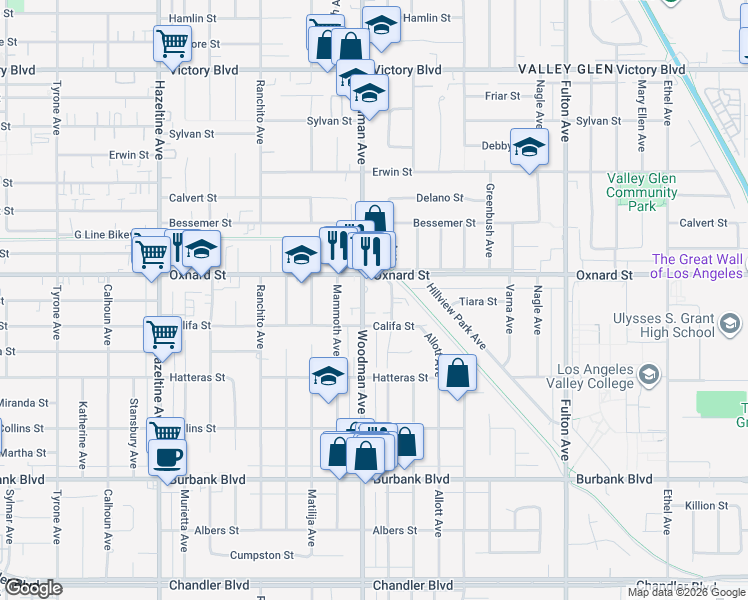 map of restaurants, bars, coffee shops, grocery stores, and more near 13674 Oxnard Street in Los Angeles