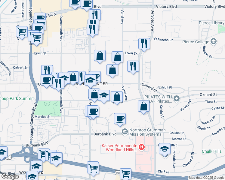 map of restaurants, bars, coffee shops, grocery stores, and more near 21200 West Oxnard Street in Los Angeles