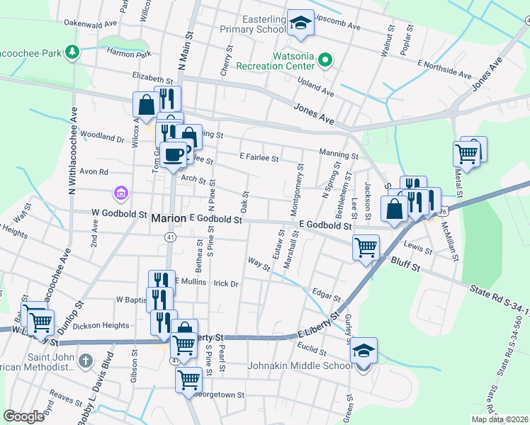 map of restaurants, bars, coffee shops, grocery stores, and more near 408 Arch Street in Marion