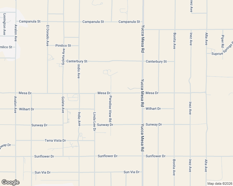 map of restaurants, bars, coffee shops, grocery stores, and more near 59150 Mesa Drive in Yucca Valley