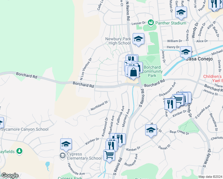 map of restaurants, bars, coffee shops, grocery stores, and more near 3795 San Felipe Avenue in Thousand Oaks