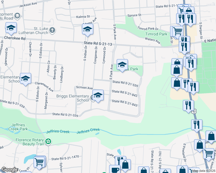 map of restaurants, bars, coffee shops, grocery stores, and more near 951 South Park Avenue in Florence