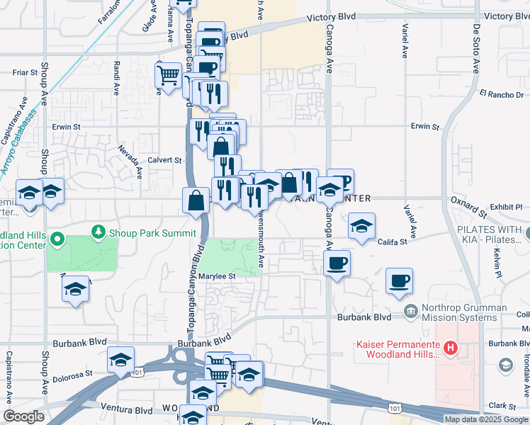 map of restaurants, bars, coffee shops, grocery stores, and more near 21650 Oxnard Street in Los Angeles