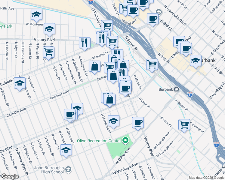 map of restaurants, bars, coffee shops, grocery stores, and more near 452 North Lomita Street in Burbank