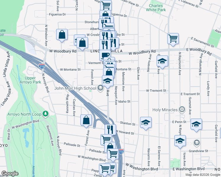 map of restaurants, bars, coffee shops, grocery stores, and more near 1910 Lincoln Avenue in Pasadena