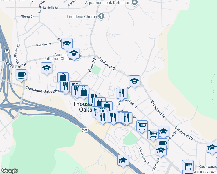 map of restaurants, bars, coffee shops, grocery stores, and more near 2094 Rodeo Court in Thousand Oaks