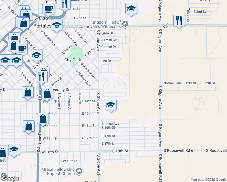 map of restaurants, bars, coffee shops, grocery stores, and more near Cotton Wood Court in Portales