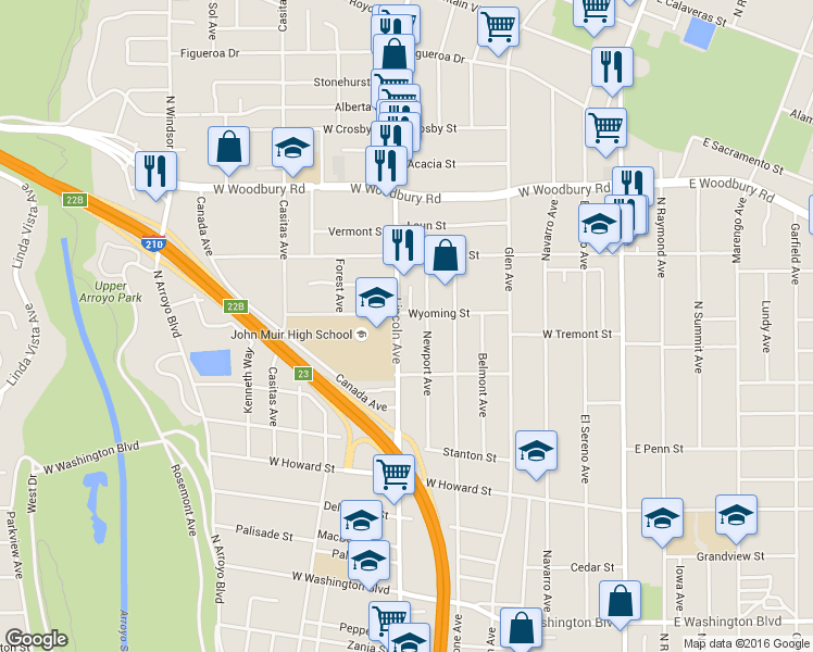 map of restaurants, bars, coffee shops, grocery stores, and more near 1910 Lincoln Avenue in Pasadena