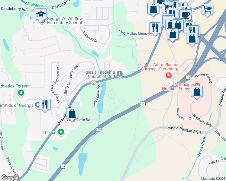 map of restaurants, bars, coffee shops, grocery stores, and more near 1200 Greystone Summit Drive in Cumming