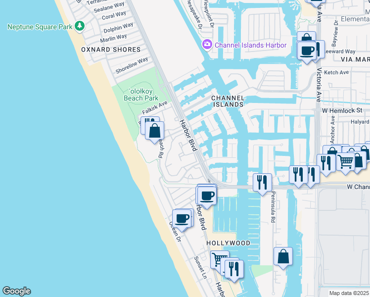 map of restaurants, bars, coffee shops, grocery stores, and more near 2232 Martinique Lane in Oxnard