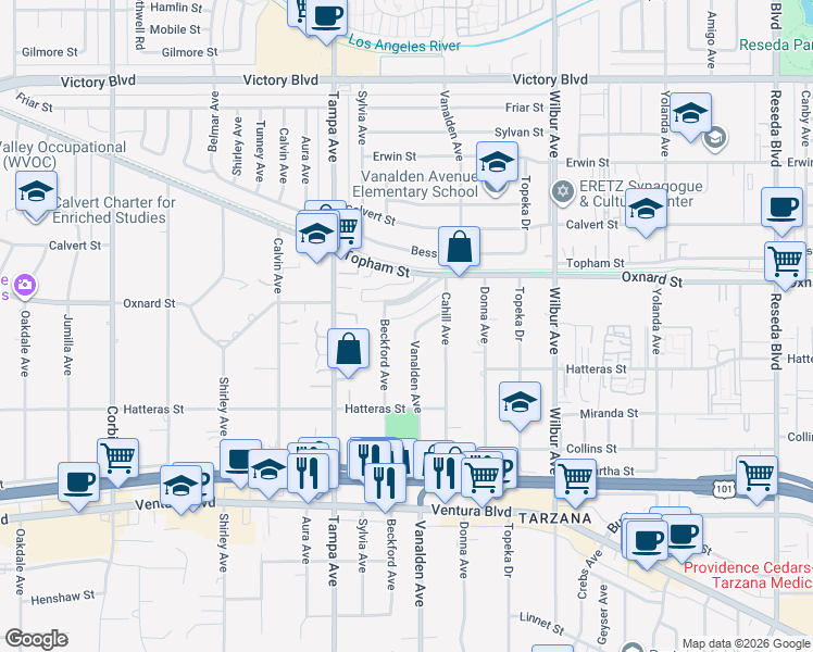 map of restaurants, bars, coffee shops, grocery stores, and more near 5941 Vanalden Avenue in Los Angeles