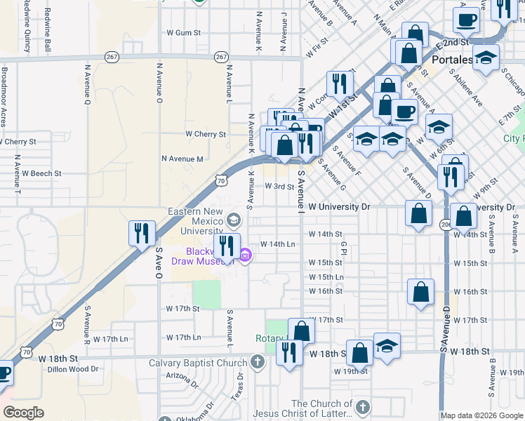 map of restaurants, bars, coffee shops, grocery stores, and more near 1112 West University Drive in Portales