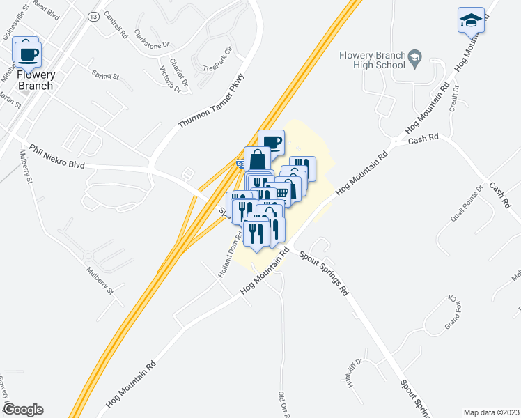 map of restaurants, bars, coffee shops, grocery stores, and more near 5855 Spout Springs Road in Flowery Branch