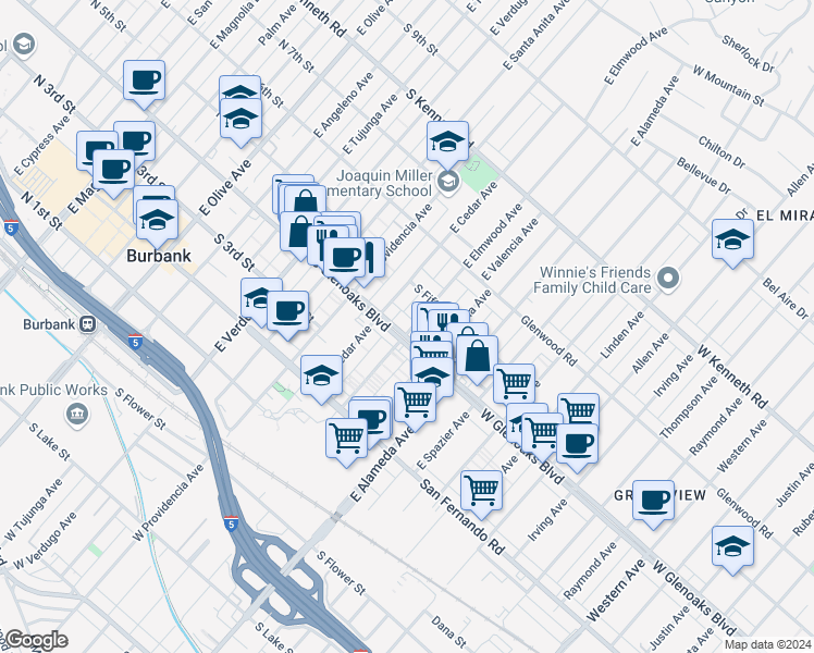 map of restaurants, bars, coffee shops, grocery stores, and more near 724 South Glenoaks Boulevard in Burbank