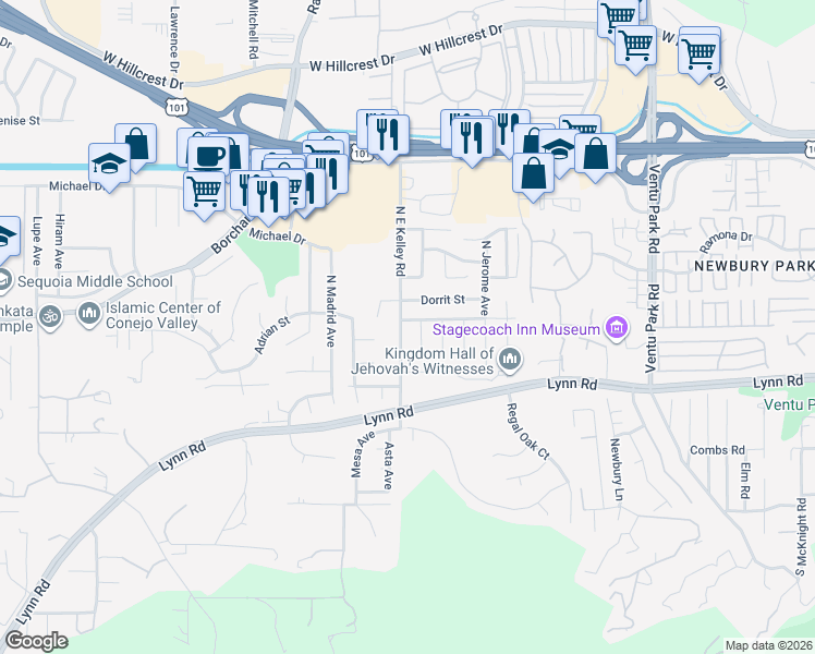 map of restaurants, bars, coffee shops, grocery stores, and more near 1930 Adrian Street in Thousand Oaks