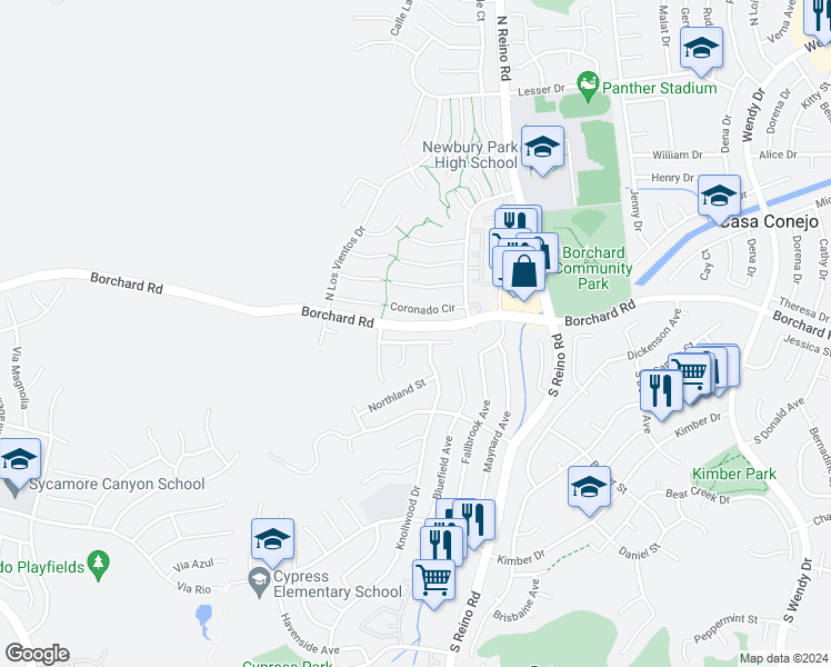 map of restaurants, bars, coffee shops, grocery stores, and more near 3825 San Felipe Avenue in Thousand Oaks