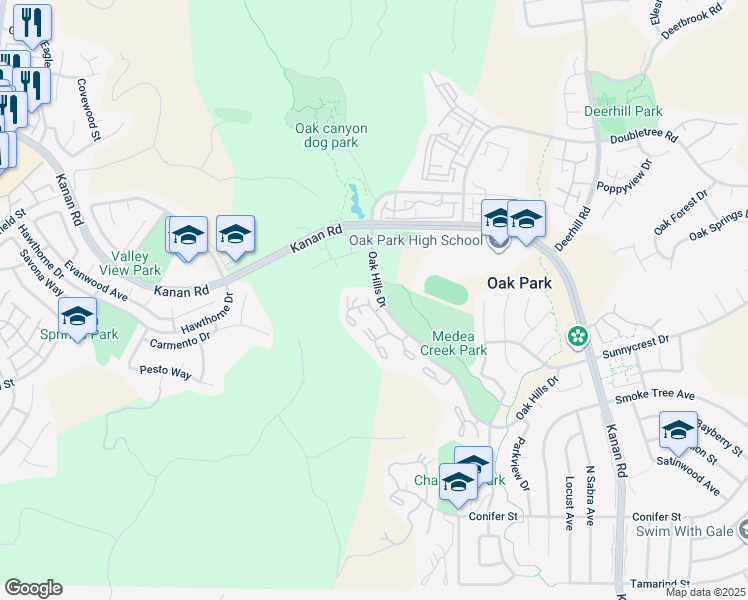 map of restaurants, bars, coffee shops, grocery stores, and more near 640 Campo Verde Court in Oak Park