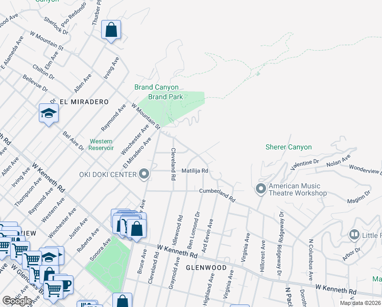 map of restaurants, bars, coffee shops, grocery stores, and more near 934 West Mountain Street in Glendale
