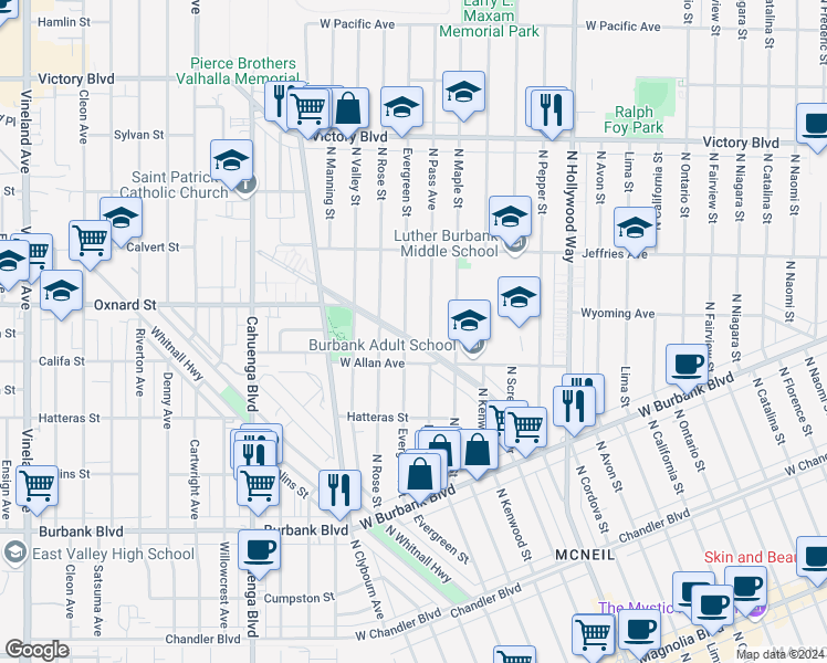 map of restaurants, bars, coffee shops, grocery stores, and more near 1715 North Edison Boulevard in Burbank