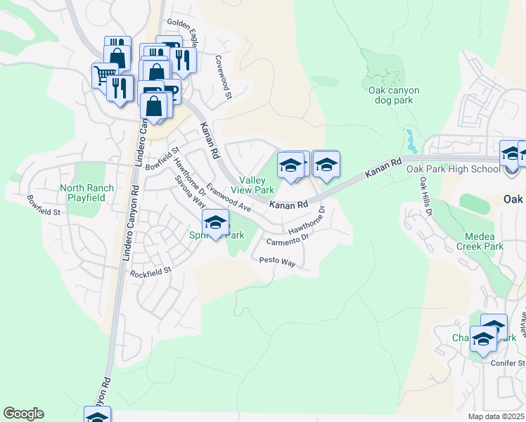 map of restaurants, bars, coffee shops, grocery stores, and more near 5235 Evanwood Avenue in Oak Park