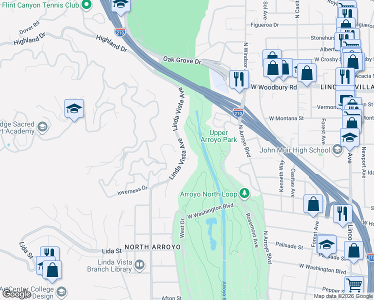 map of restaurants, bars, coffee shops, grocery stores, and more near 1890 Linda Vista Avenue in Pasadena