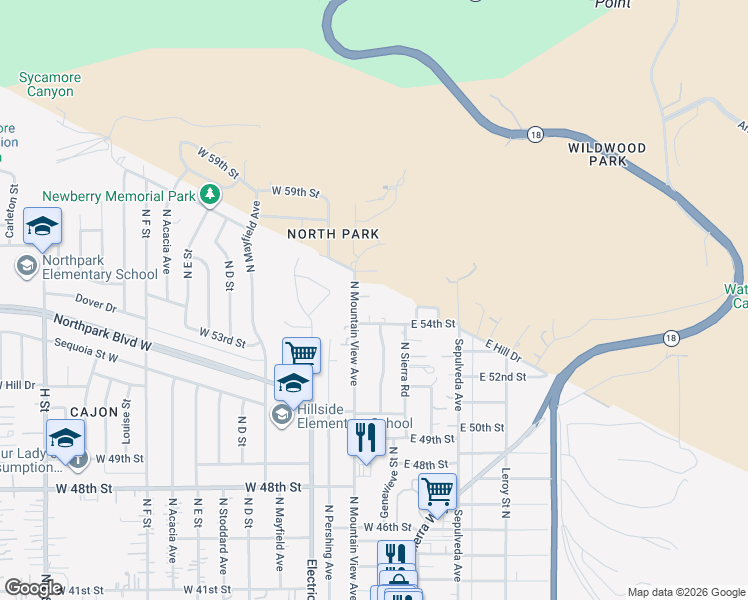 map of restaurants, bars, coffee shops, grocery stores, and more near 5495 North Mountain View Avenue in San Bernardino