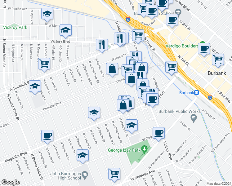 map of restaurants, bars, coffee shops, grocery stores, and more near 515 North Shelton Street in Burbank