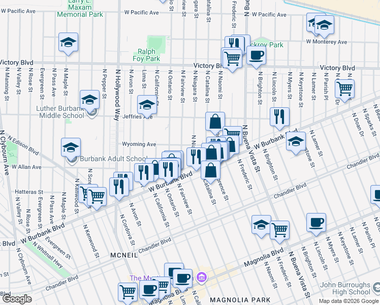 map of restaurants, bars, coffee shops, grocery stores, and more near 1335 North Niagara Street in Burbank