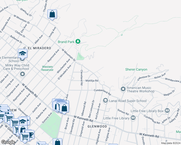 map of restaurants, bars, coffee shops, grocery stores, and more near 934 West Mountain Street in Glendale