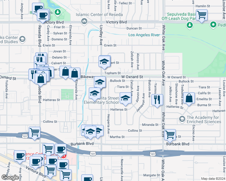 map of restaurants, bars, coffee shops, grocery stores, and more near 18019 Tiara Street in Los Angeles