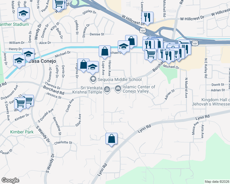 map of restaurants, bars, coffee shops, grocery stores, and more near 2716 Borchard Road in Thousand Oaks