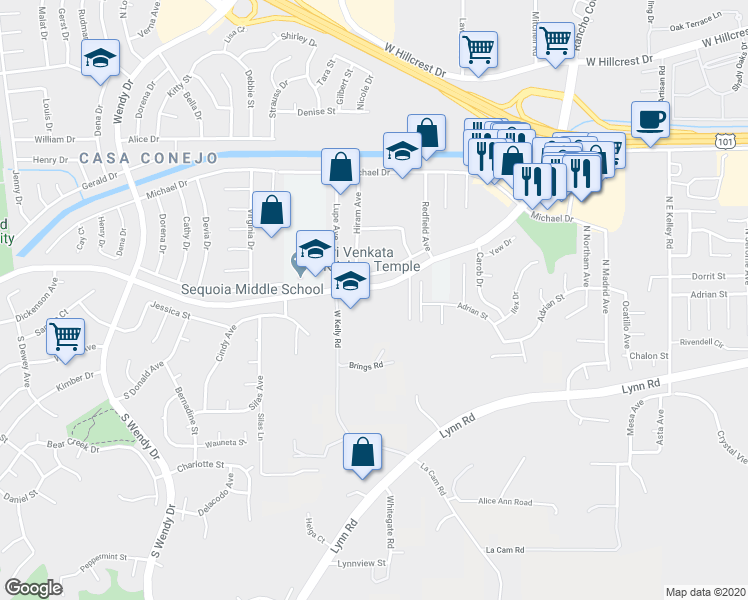 map of restaurants, bars, coffee shops, grocery stores, and more near 2716 Borchard Road in Thousand Oaks